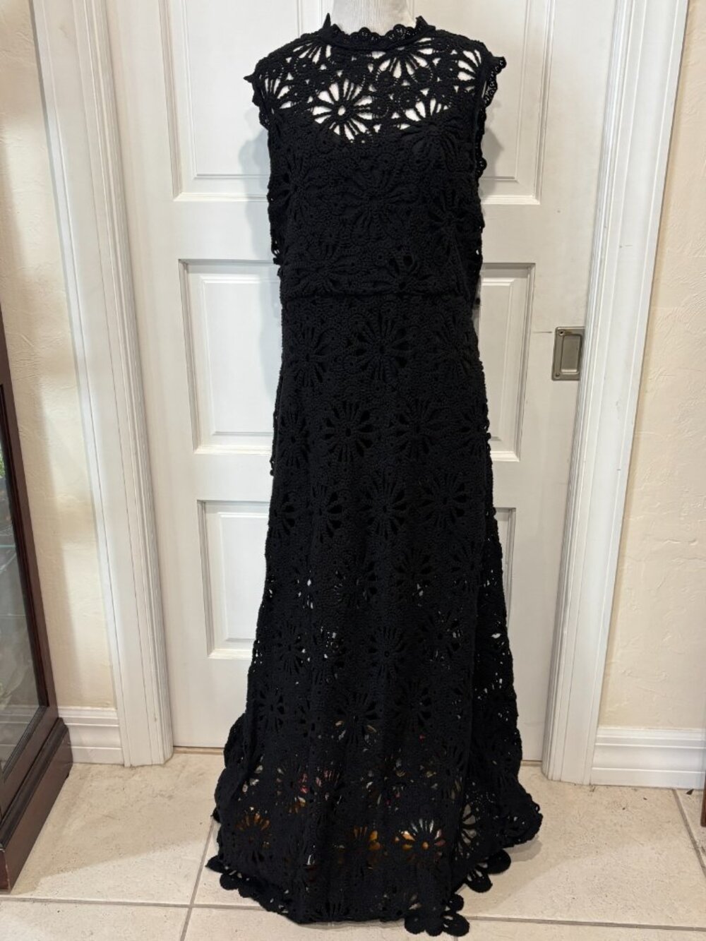 Bloomingdale's Aqua Maxi Dress Womens 2XL Black Crochet Sheer Lining Mock Neck